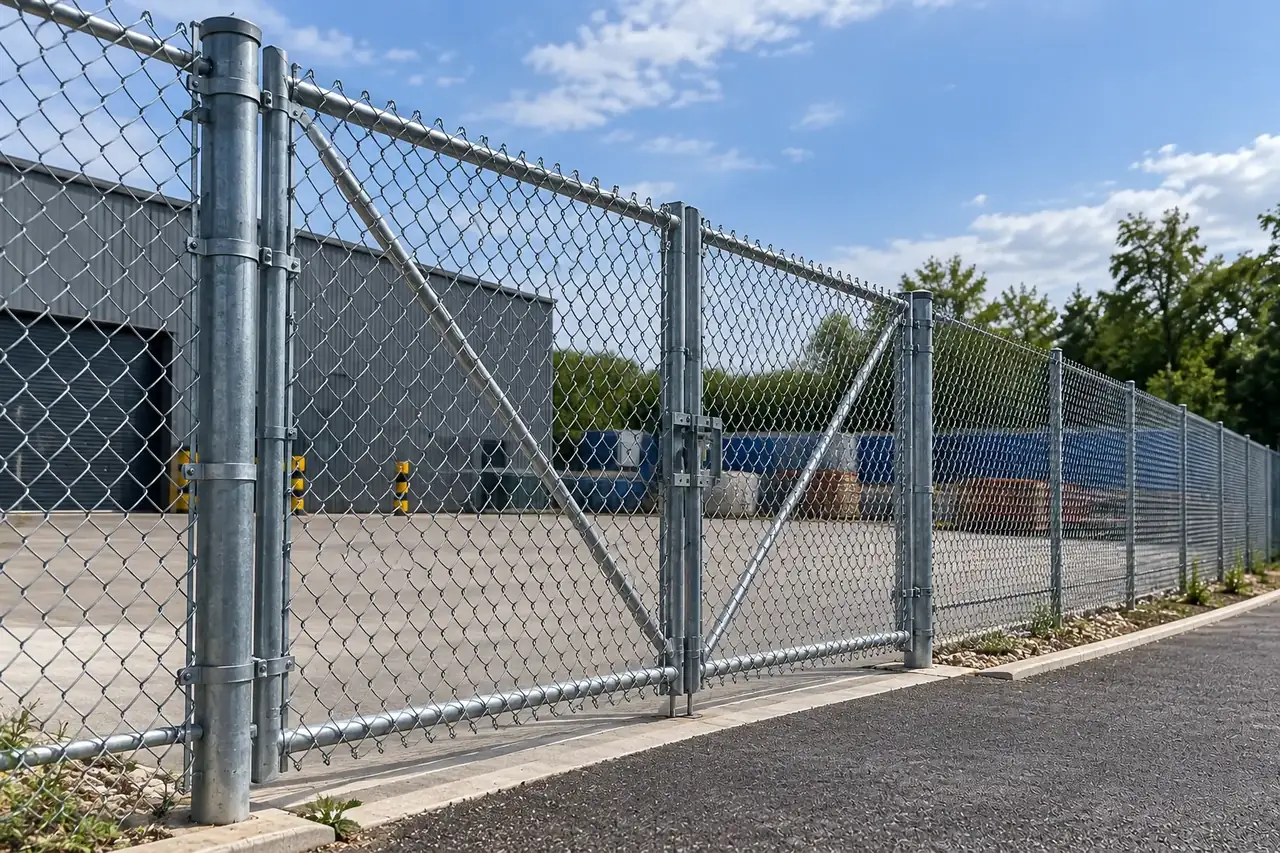 Galvanised chain link fencing and gate around a yard