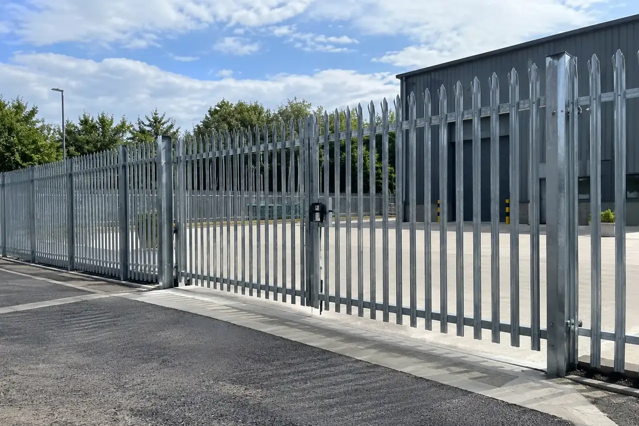Galvanised palisade fencing and gate