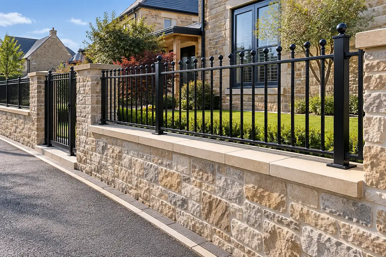 Black steel railings on a stone wall